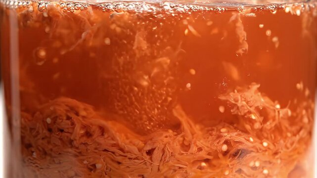 Fermented Tomato Seeds in Liquid with Orange Hue and Natural Lighting Detailing Seeds and Texture for Food