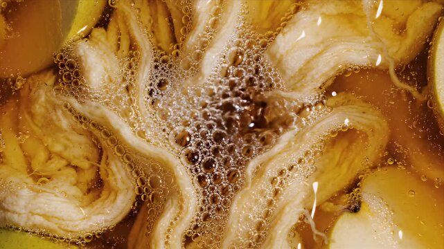 Fermenting Apple Slices and Scoby Floating in Liquid with Bubbles and Golden Hue for Biology Education Advertising and