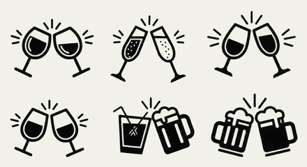 Fototapeta premium Set of six icons representing different types of drinks clinking together.