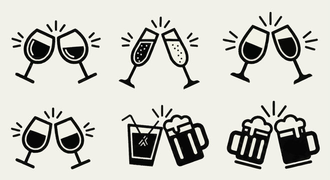 Set of six icons representing different types of drinks clinking together.