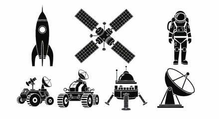 Space Exploration Icons Set - Rocket, Satellite, Astronaut, Rovers, and Dish. © Wita