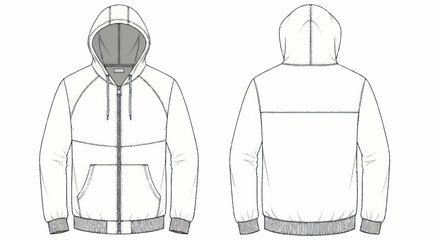 Technical drawing of a hooded sweatshirt with front zipper. © Wita