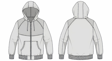 Technical Drawing of a Zip-Up Hoodie with Raglan Sleeves and Pockets. © Wita
