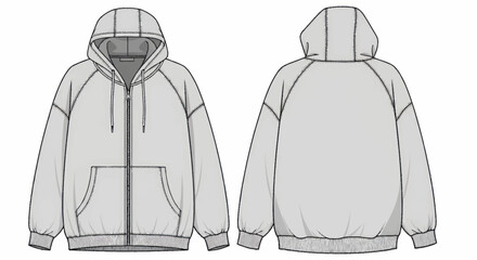 Technical sketch of a full-zip hoodie with raglan sleeves and a kangaroo pocket, front and back views. © Wita