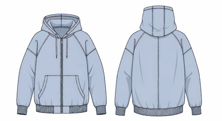 Technical sketch of a light blue oversized hoodie with a zipper and front pockets. © Wita