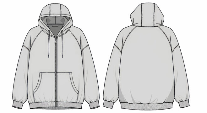 Technical sketch of a full-zip hoodie with raglan sleeves and a kangaroo pocket, front and back views.