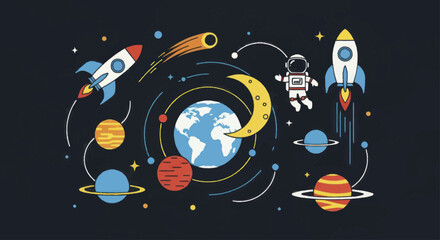 Vibrant Space Exploration Scene with Planets Rockets and Astronaut. © Wita