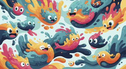 Fototapeta premium Whimsical Cartoon Monsters Playfully Splashing in Water.