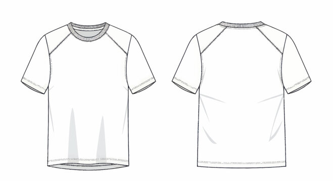 White Raglan Sleeve T-Shirt Flat Sketch Front and Back View.
