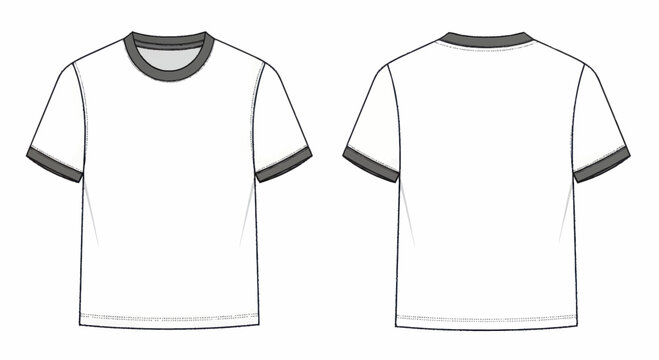 White Ringer T-Shirt Flat Sketch Front and Back View.