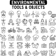 Fototapeta premium Hand Drawn Environmental Tools Objects Doodle Icons Collection. Nature, Ecology, Pollution, Outdoor Activity Symbols for Sustainability Conservation.