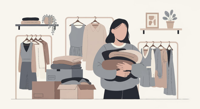 Woman organizing clothes for donation or resale, promoting sustainable fashion.
