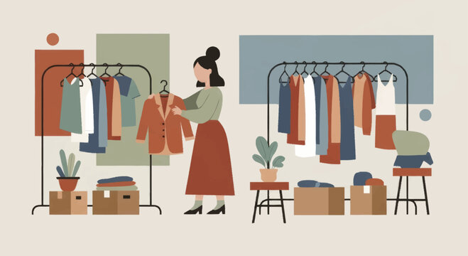 Woman organizing clothes on a rack for a second-hand market or thrift store.