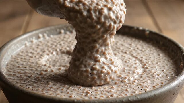 Gamified Video of Hanega or Fermented Buckwheat Porridge Being Served from A Clay Pot with Wooden Background