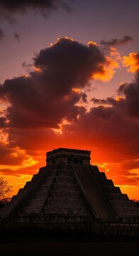 Majestic Chichen Itza Pyramid Silhouetted Against Sunset Sky.