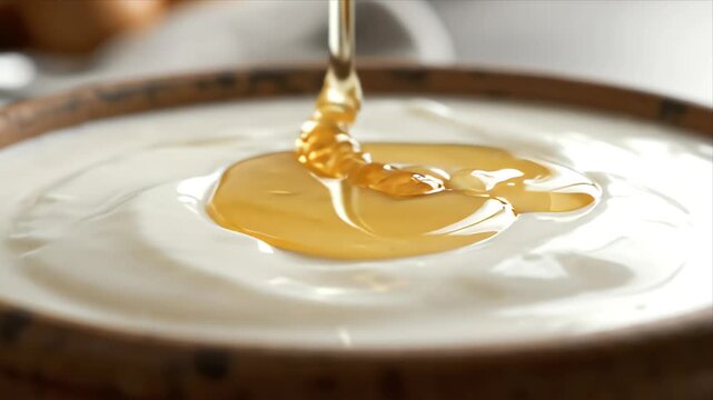 Golden Honey Being Poured Over Creamy White Yogurt in a Wooden Bowl on a Mable Table Top, Perfect for Healthy Eating