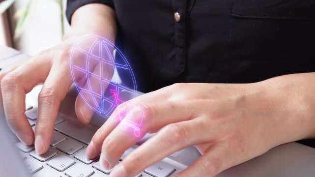Digital shopping platforms. Close-up of a businesswoman's hands working on her computer with a virtual globe and shopping cart icon.