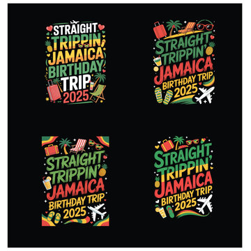 Straight Trippin Jamaica Birthday Trip 2025 Typography Set with Tropical Vacation Icons