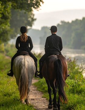 Couple riding horses on dirt path.