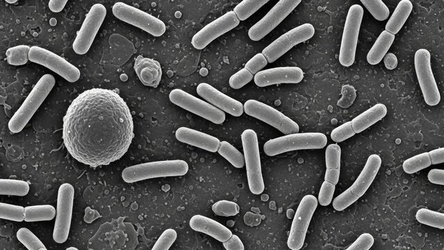 Scanning electron microscope image of rod-shaped bacteria and a spherical cell on a textured surface