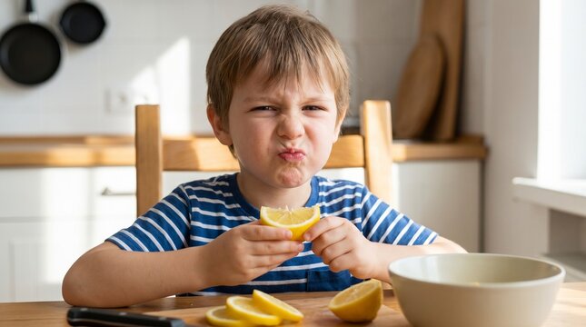 The boy winces at the sour lemon