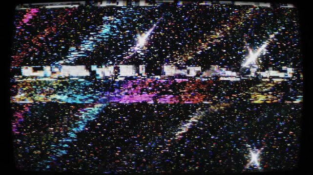 Abstract colorful analog TV static noise with vibrant glitchy streaks on a distorted CRT screen, concept for retro background, vintage media production and digital error aesthetic