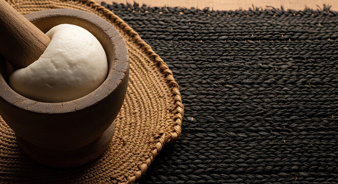 Portion of plain fufu dough in a traditional wooden mortar placed on the left third of a dark woven mat surface, large empty right area acting as negative space.