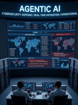 Two men in a dark control room, sitting at a desk with computers and screens displaying cybersecurity data and world maps, in a futuristic and high-tech environment with Agentic AI system.