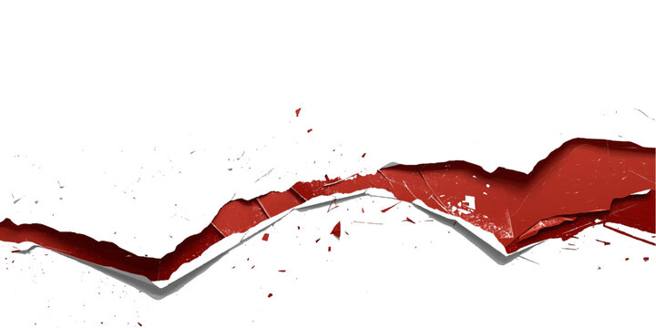 Crimson Tear of Paper: A striking abstract showcases a jagged tear in white paper, revealing a vibrant splash of crimson beneath, symbolizing a dramatic rupture or emotional intensity.