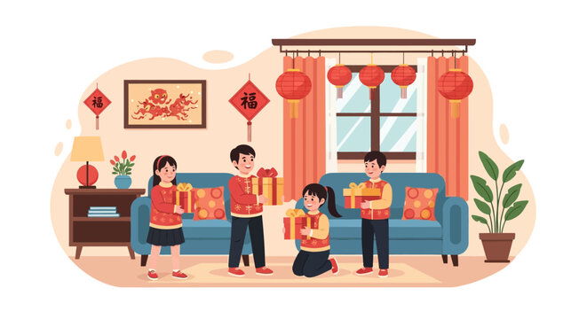 Joyful children excitedly receiving and opening presents during a festive holiday celebration indoors