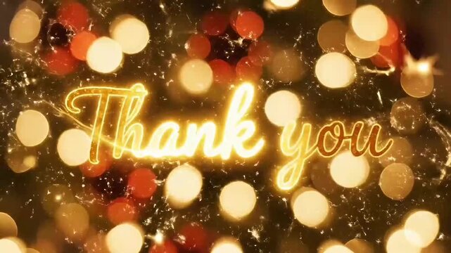 Thank You Message with Golden Sparkle Text and Bokeh Lights Background for Celebrations and Gratitude.