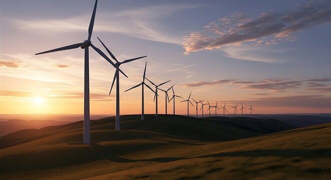 Wind Turbines on Rolling Hills at Sunset