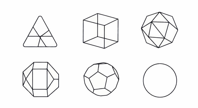 Geometric shapes wireframe outlines set on white background.