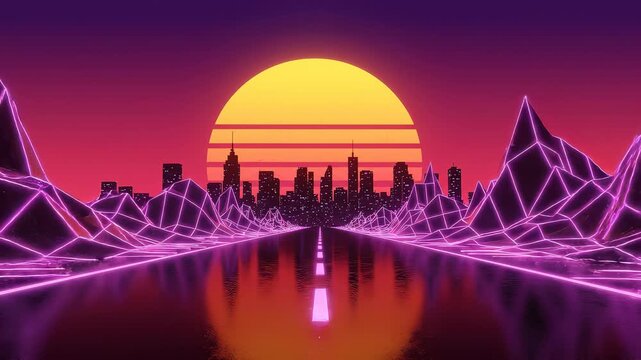 Retro synthwave 80s aesthetic landscape with neon purple wireframe mountains, glowing sun and city skyline, concept for music cover art, retro gaming background and digital wallpaper
