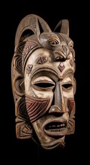 Obraz premium Intricate Carved Wooden Mask with Detailed Facial Features.