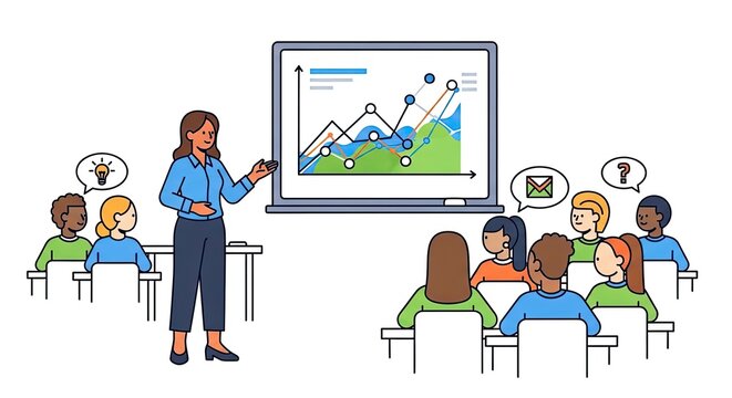 Female presenter explaining data charts to diverse audience in classroom