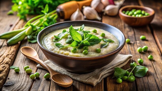 A photo of a steaming bowl of porridge made with fava beans or broad beans, garnished with fresh chicory leaves, sitting on a rustic wooden table The
