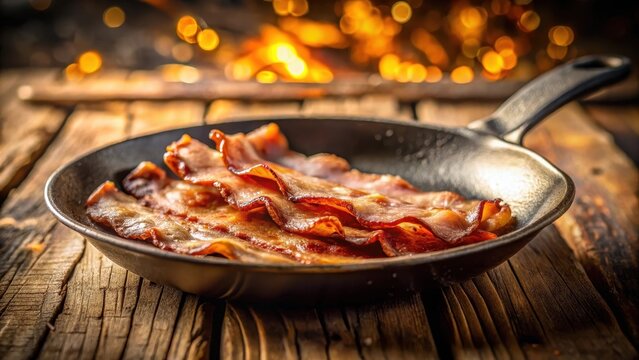 A photo of a goldenbrown bacon slice frying in a sizzling pan on an antique wooden breakfast tray