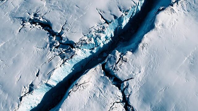 Aerial view of icy glacier crevasses highlighting environmental conservation and serenity