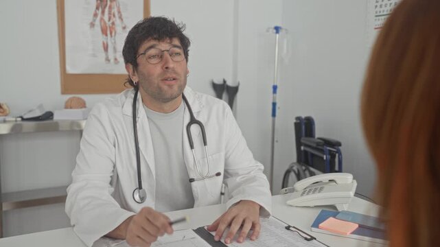 Man doctor with stethoscope and glasses writing on clipboard at desk in building during patient consultation; empathy reassurance.