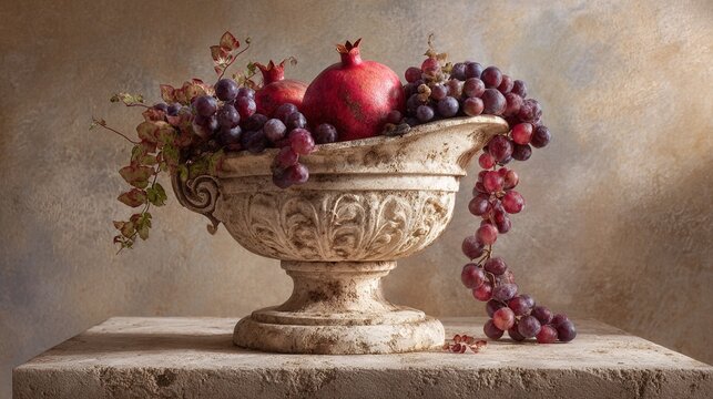 cornucopia. Stone cornucopia overflowing with pomegranates and grapes on weathered pedestal. menu design, packaging mockups, designed for food delivery and cloud-kitchen brand materials.