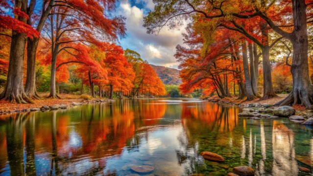 A photo of a breathtaking landscape at Guadalupe River State Park during fall foliage season The scene is dominated by vibrant shades of red and oran