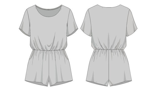 Women's Short Sleeve Romper Technical Fashion Flat Sketch Vector, Grey Playsuit Mockup with Front and Back Views