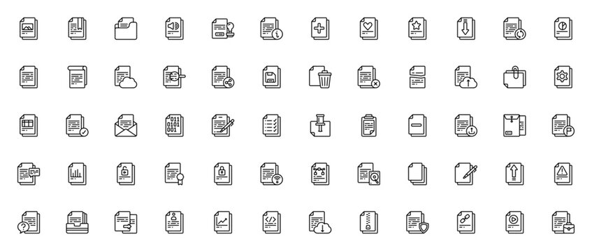 Documentation icon set. Minimal vector icons pack. Includes symbols for document, file, folder, email, clipboard, dossier, notepad, inbox and more. Editable stroke.
