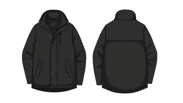 Black Winter Parka Jacket Vector Illustration - Front and Back Technical Fashion Mockup