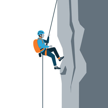Vector illustration of a male rock climber wearing a blue helmet and orange backpack rappelling down a steep grey cliff face using safety ropes and harness on a white background.