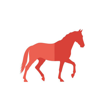 Red silhouette of a walking horse isolated on a white background featuring a two-tone color split with a darker red front section and a lighter red hind section in side profile view.