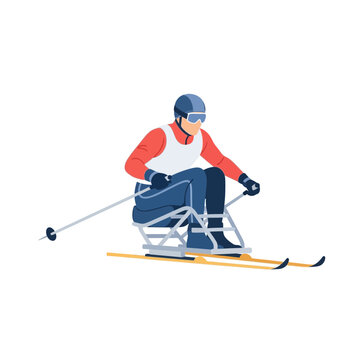 Flat vector illustration of a male athlete with a disability using a sit-ski and outriggers. He wears a red racing bib, blue helmet, and goggles, isolated on white background for winter para-sports.
