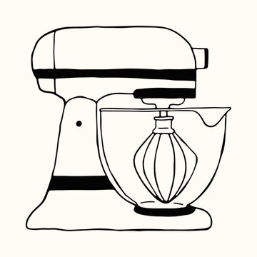 A professional kitchen stand mixer with a whisk attachment is drawn in a minimalist line art style. This hand drawn vector illustration is perfect for bakery logos and cooking themed designs