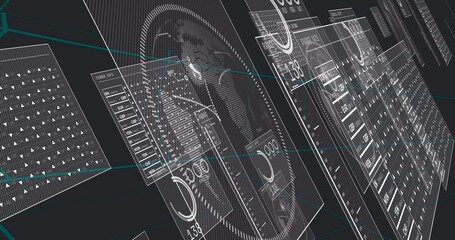 Floating translucent HUD panels showing gauges, readouts, tables, dotted globe in virtual interface © vectorfusionart